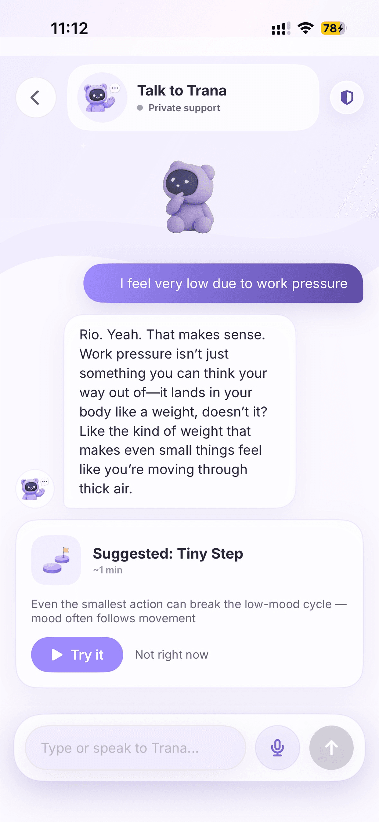 Actual Trana iOS chat screen showing private support and a suggested Tiny Step tool