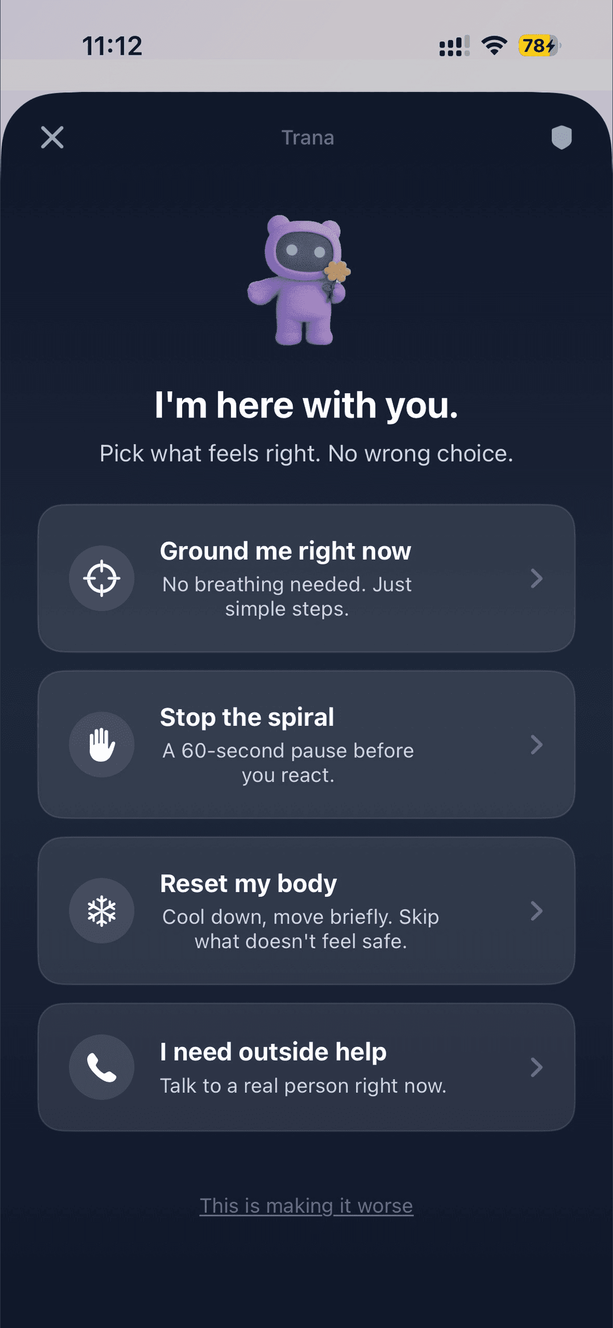 Actual Trana iOS crisis support screen
