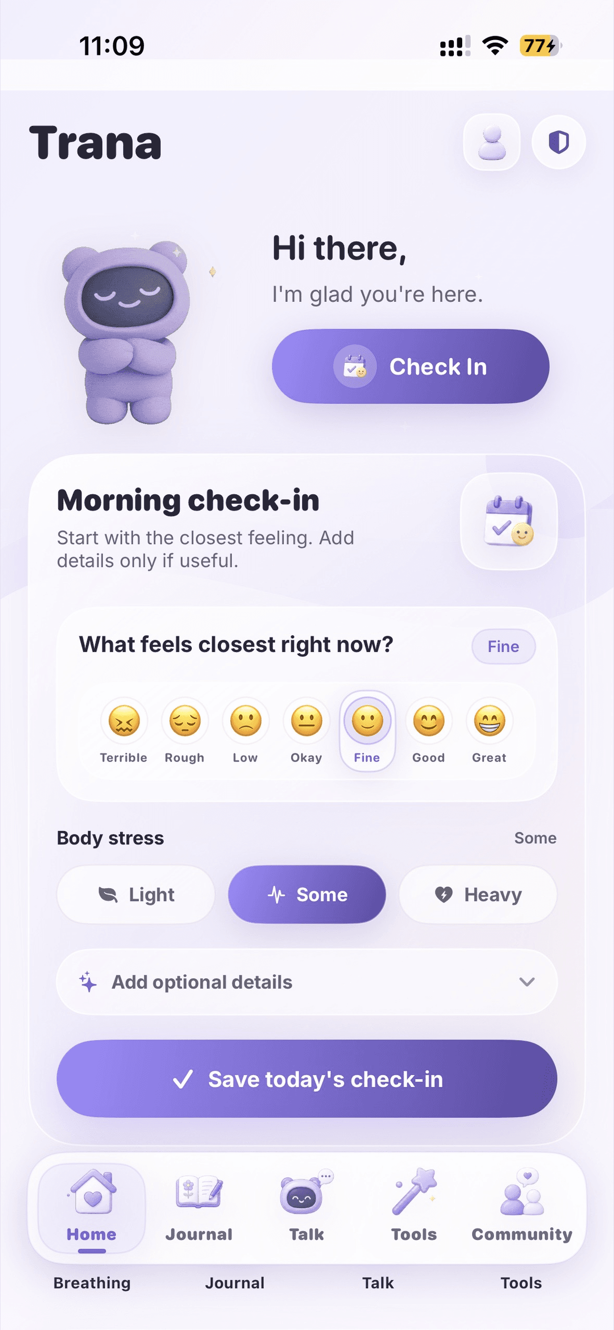 Actual Trana iOS home check-in screen