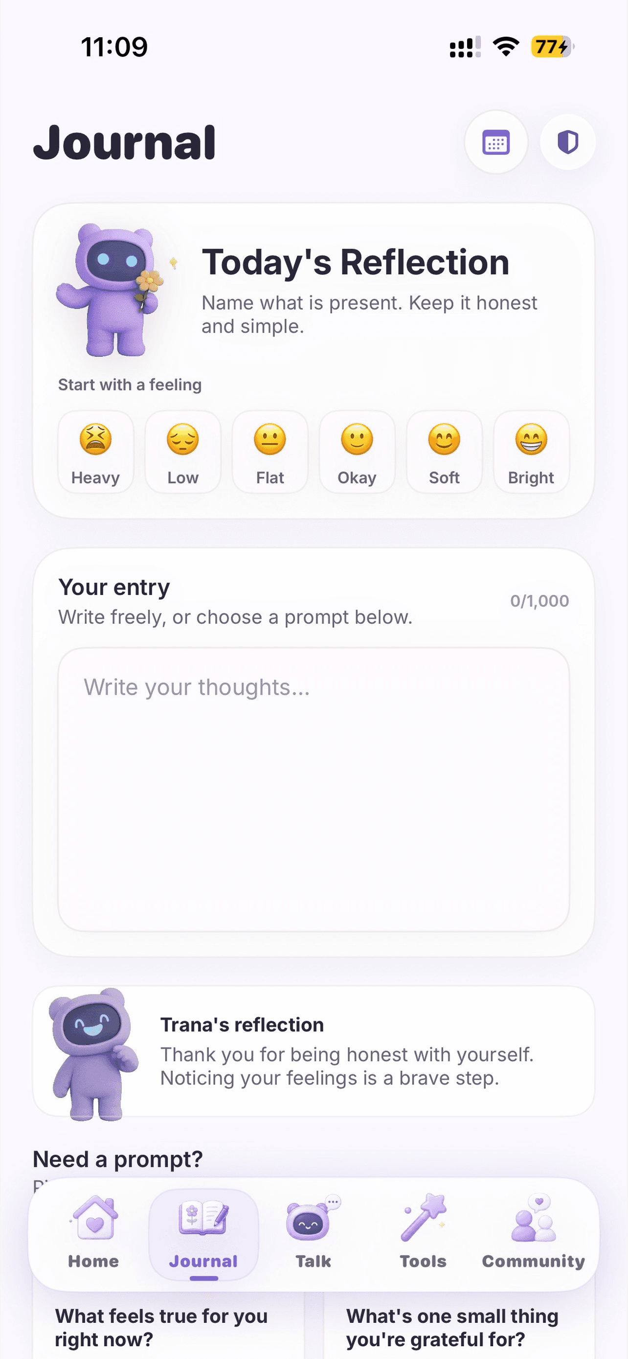 Actual Trana iOS journal screen showing mood prompts and Trana reflection